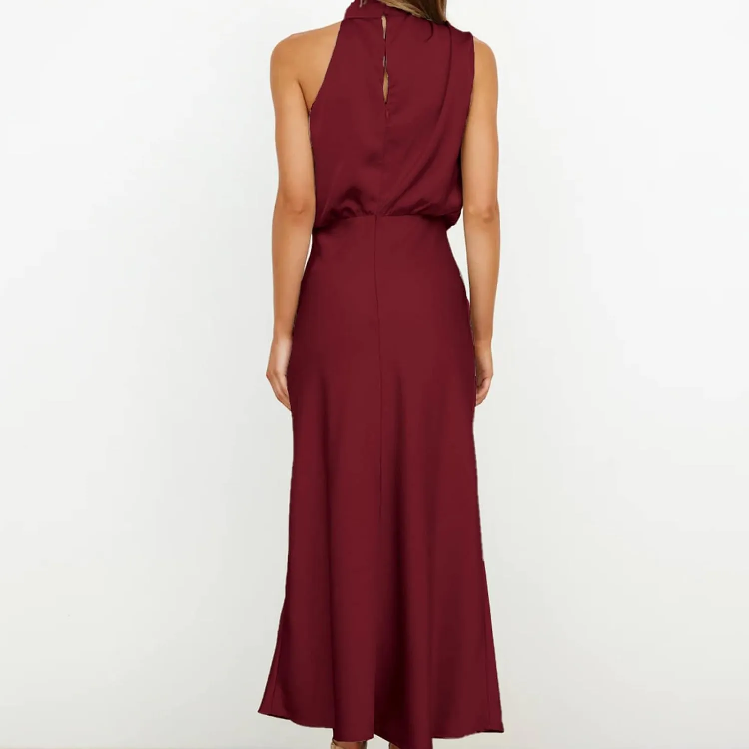 Women Sleeveless Mock Neck Cocktail Dresses Elastic Waist Party Wedding Guest Dress Satin High Split Maxi Evening Dress