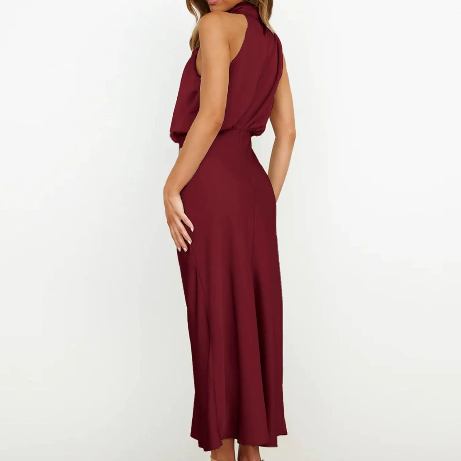 Women Sleeveless Mock Neck Cocktail Dresses Elastic Waist Party Wedding Guest Dress Satin High Split Maxi Evening Dress
