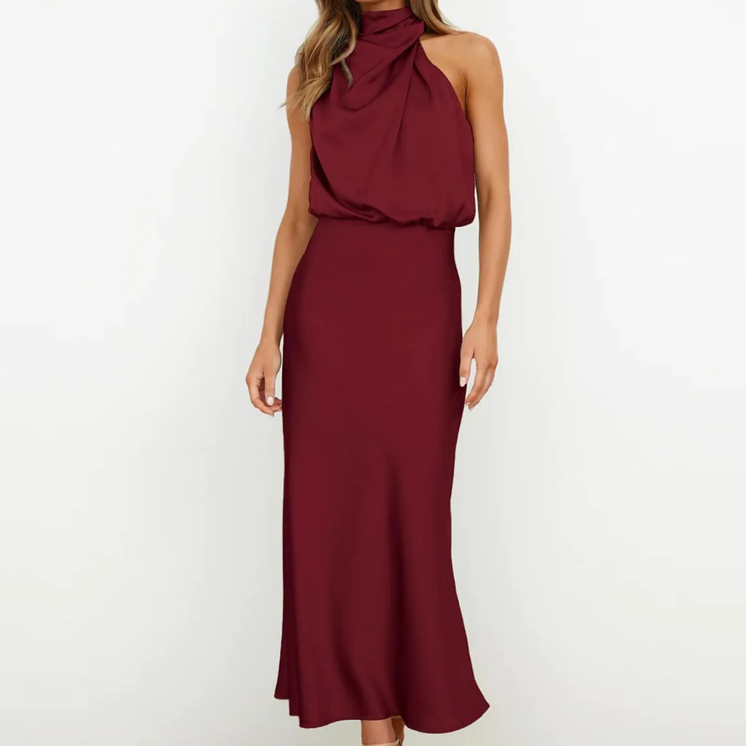 Women Sleeveless Mock Neck Cocktail Dresses Elastic Waist Party Wedding Guest Dress Satin High Split Maxi Evening Dress
