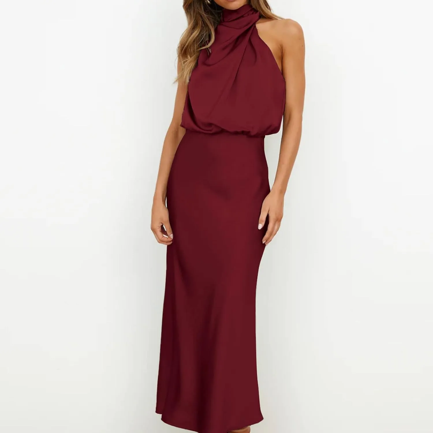 Women Sleeveless Mock Neck Cocktail Dresses Elastic Waist Party Wedding Guest Dress Satin High Split Maxi Evening Dress