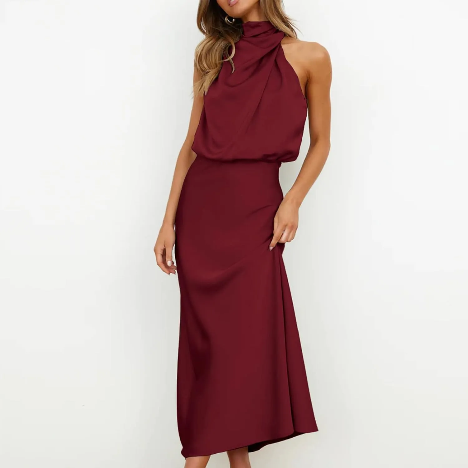 Women Sleeveless Mock Neck Cocktail Dresses Elastic Waist Party Wedding Guest Dress Satin High Split Maxi Evening Dress