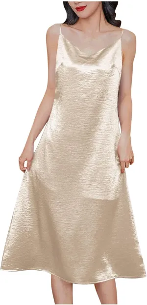 Women Spaghetti Strap Midi Satin Silk Slip Dress Sexy Cowl Neck Party Cocktail Dresses Sling Backless Mermaid Dress