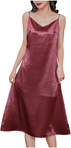 Women Spaghetti Strap Midi Satin Silk Slip Dress Sexy Cowl Neck Party Cocktail Dresses Sling Backless Mermaid Dress