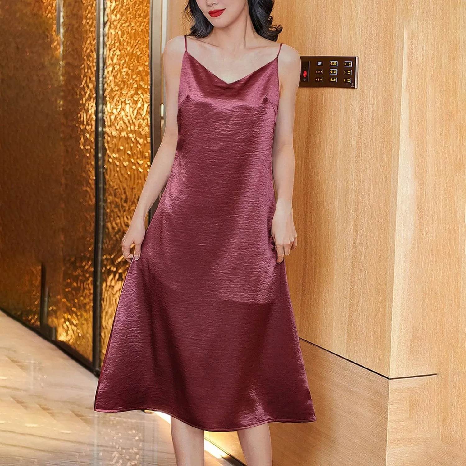 Women Spaghetti Strap Midi Satin Silk Slip Dress Sexy Cowl Neck Party Cocktail Dresses Sling Backless Mermaid Dress