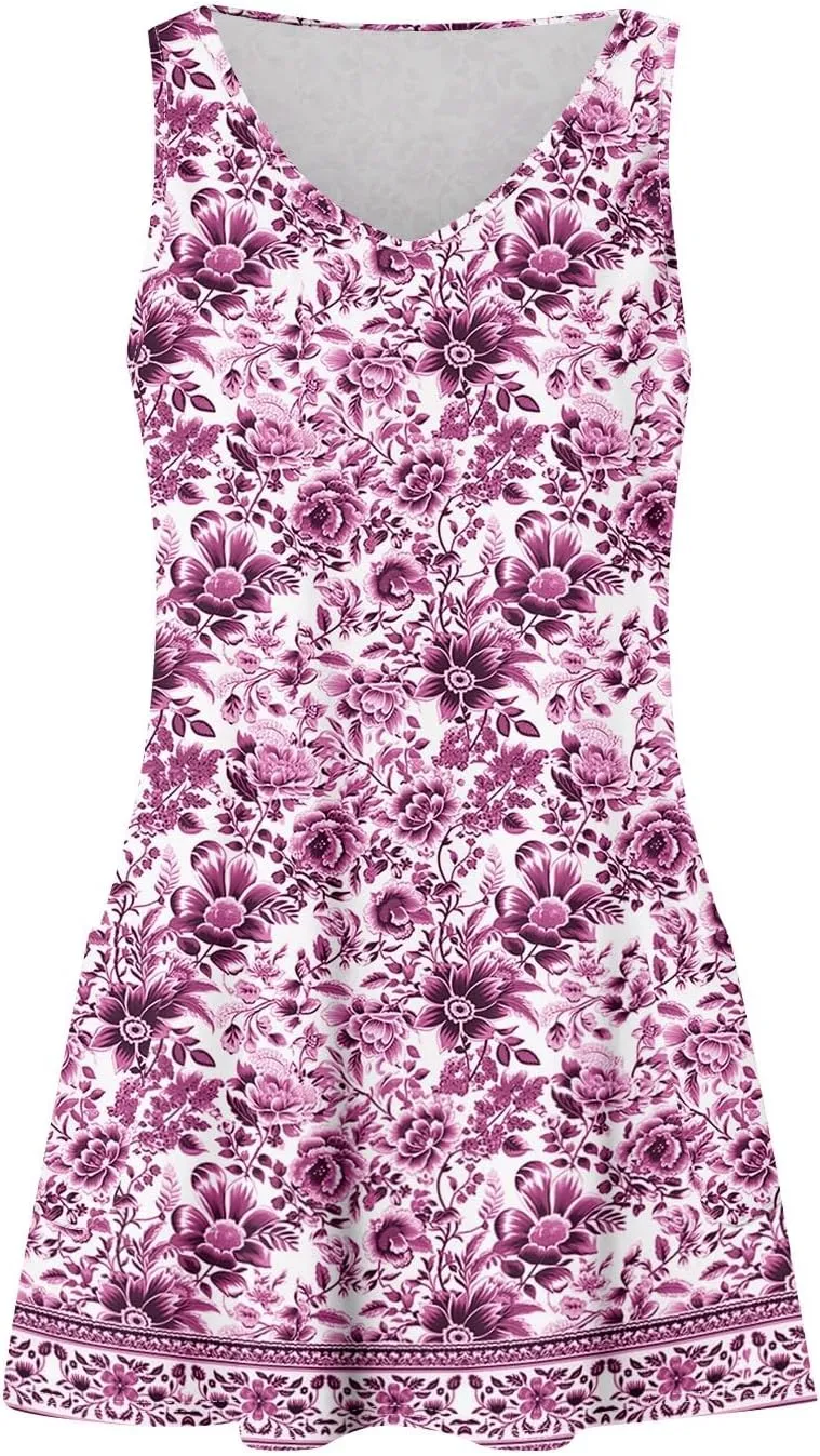 Women Summer Dresses Sleeveless Vacation Swimsuit Coverup Beach V Neck Dress with Pocket 2025 Printed Sundress