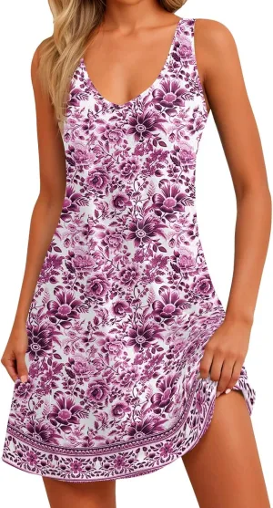 Women Summer Dresses Sleeveless Vacation Swimsuit Coverup Beach V Neck Dress with Pocket 2025 Printed Sundress