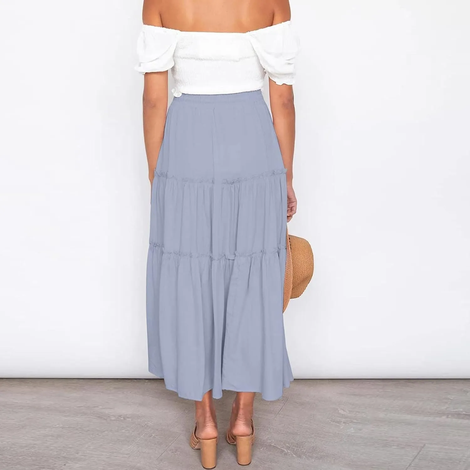 Women's Boho Maxi Skirts Summer Flowy Drawstring High Waisted Skirt Casual Solid Color Ruffle Hem A Line Long Skort
