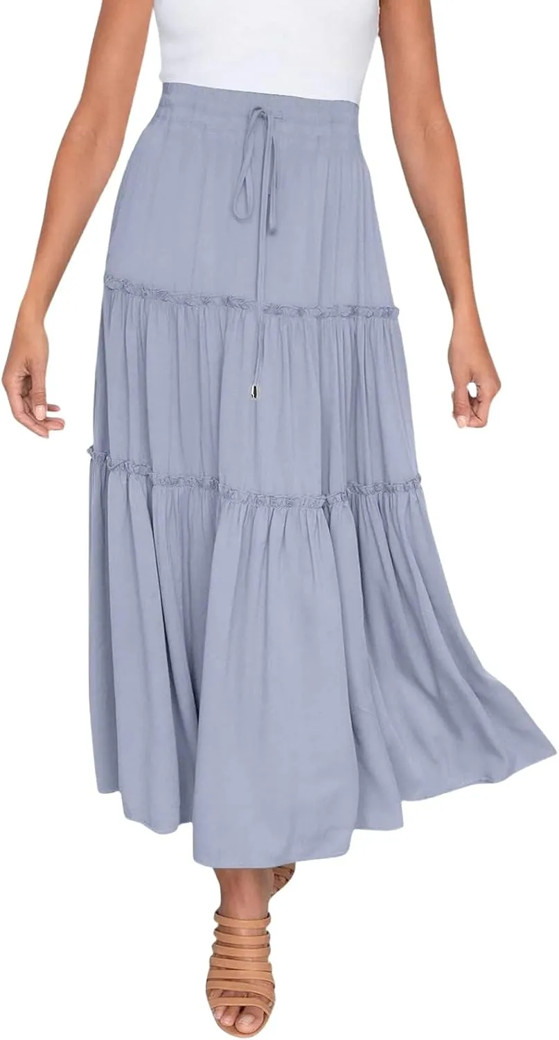 Women's Boho Maxi Skirts Summer Flowy Drawstring High Waisted Skirt Casual Solid Color Ruffle Hem A Line Long Skort