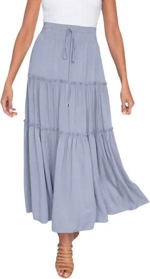 Women's Boho Maxi Skirts Summer Flowy Drawstring High Waisted Skirt Casual Solid Color Ruffle Hem A Line Long Skort