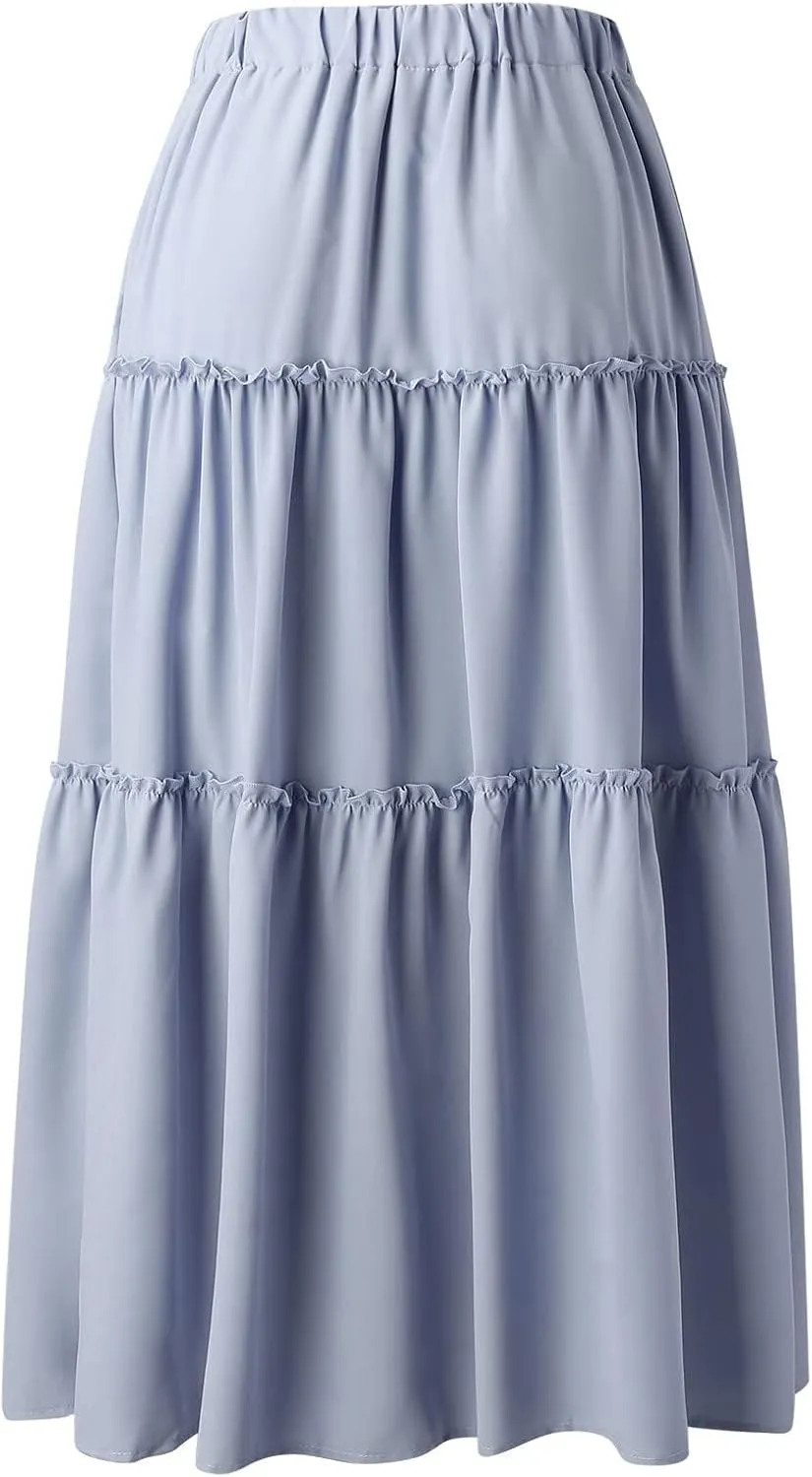 Women's Boho Maxi Skirts Summer Flowy Drawstring High Waisted Skirt Casual Solid Color Ruffle Hem A Line Long Skort