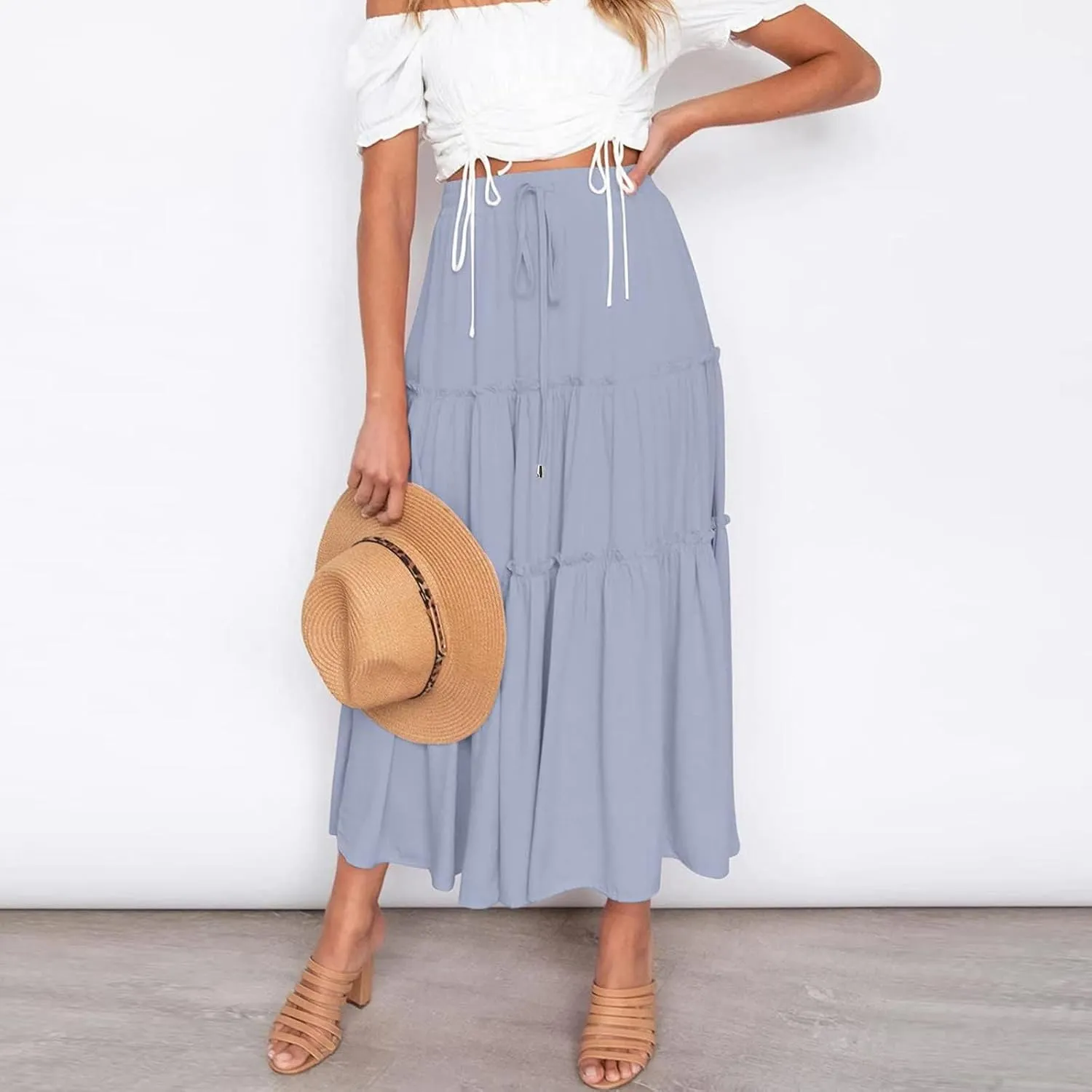 Women's Boho Maxi Skirts Summer Flowy Drawstring High Waisted Skirt Casual Solid Color Ruffle Hem A Line Long Skort