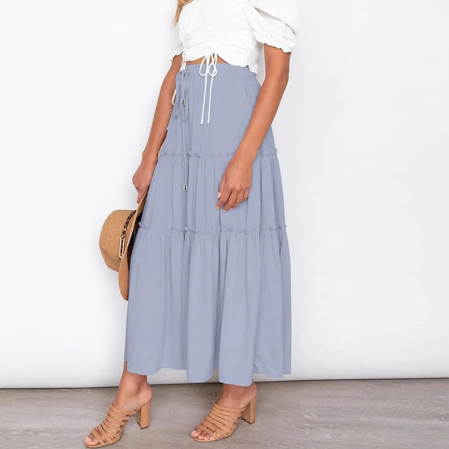 Women's Boho Maxi Skirts Summer Flowy Drawstring High Waisted Skirt Casual Solid Color Ruffle Hem A Line Long Skort