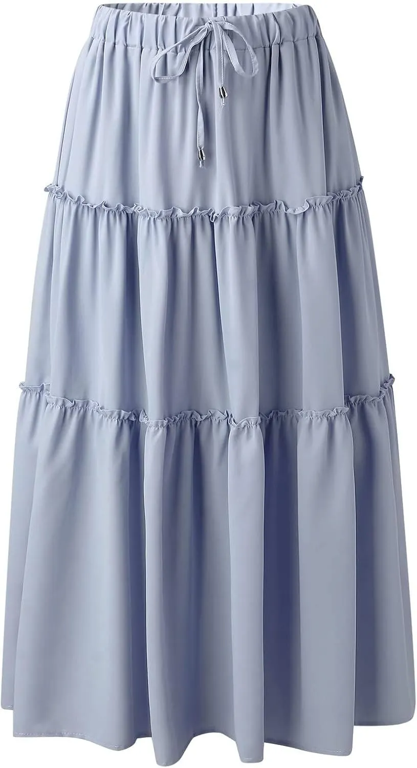 Women's Boho Maxi Skirts Summer Flowy Drawstring High Waisted Skirt Casual Solid Color Ruffle Hem A Line Long Skort