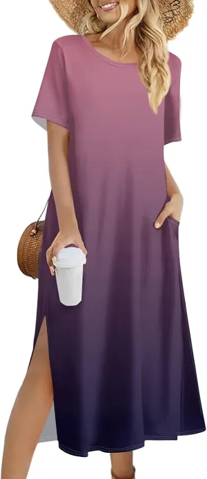 Women's Casual Loose Fit Short Sleeve Midi Casual Dress with Side Slits Comfortable Summer Beach Wear