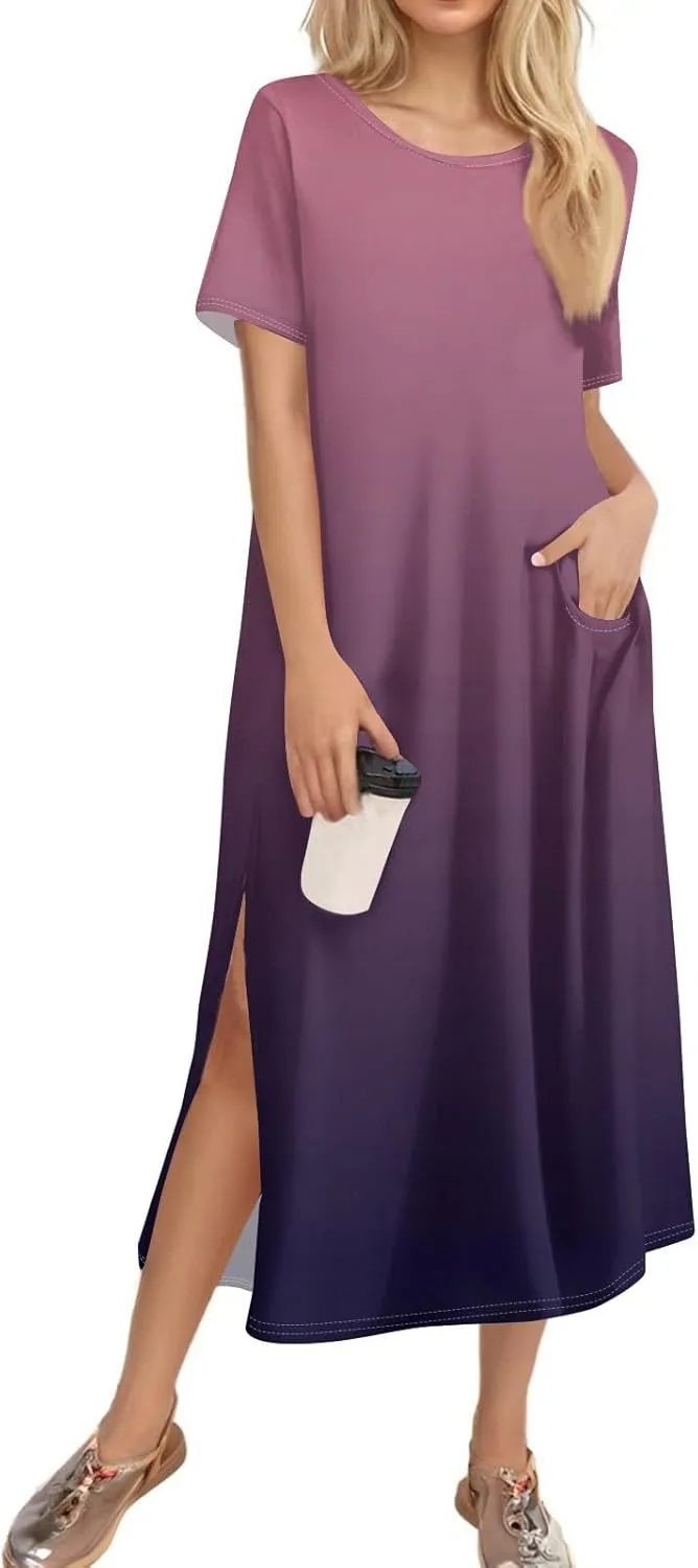 Women's Casual Loose Fit Short Sleeve Midi Casual Dress with Side Slits Comfortable Summer Beach Wear