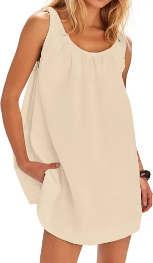 Womens Cotton Linen Mini Dress Casual Ruched Scoop Neck Sleeveless Short Dress Beach Tank Dress Sundress with Pocket