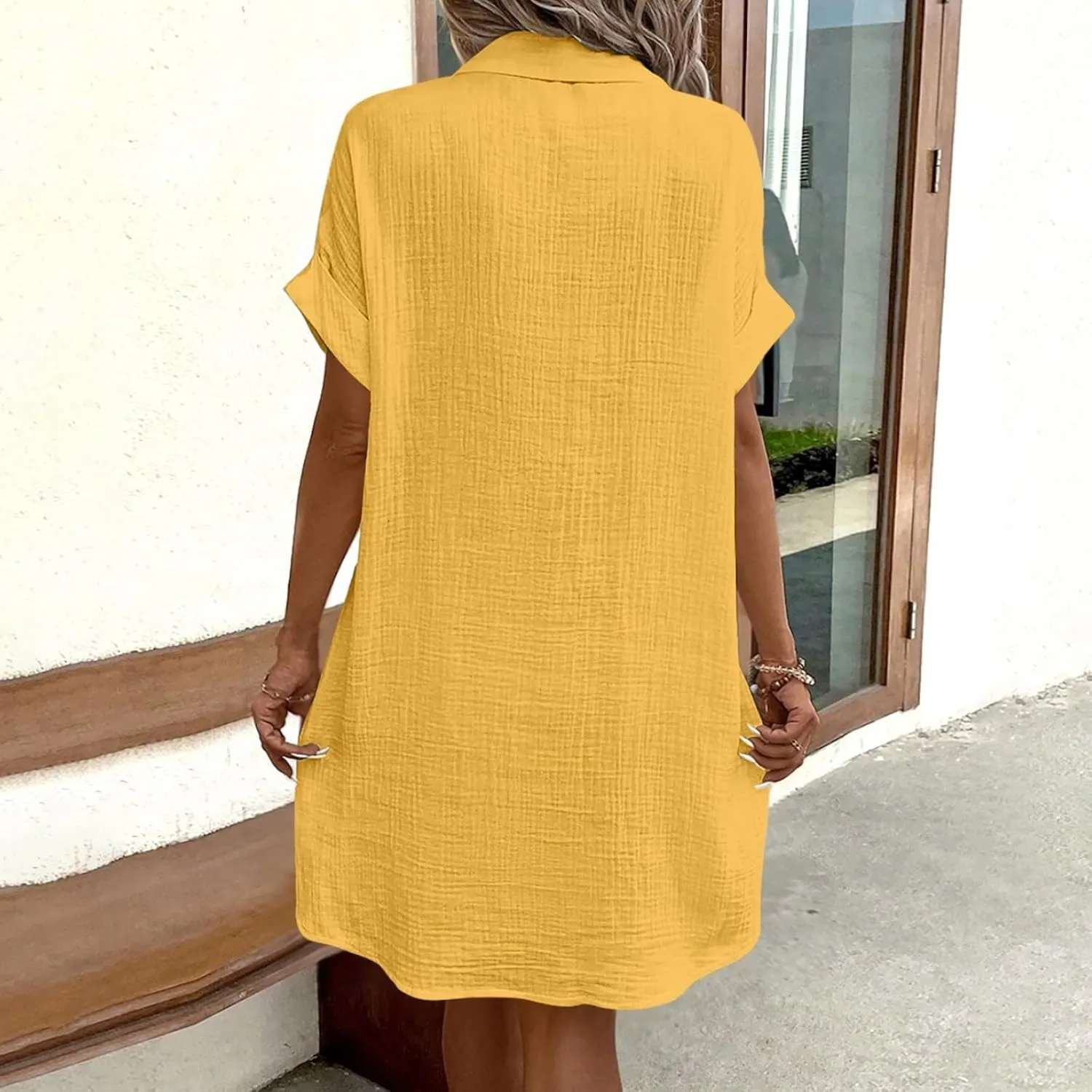 Womens Cotton Linen Shirt Dresses 2025 Summer Short Sleeve Button Down Midi Dress Knee Length Beach Dress with Pockets