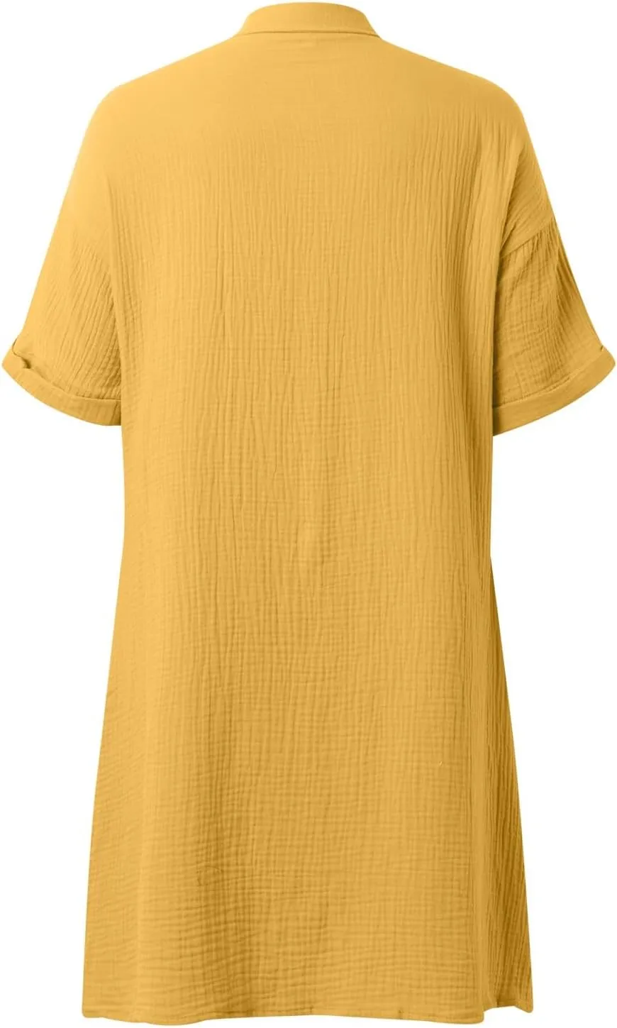 Womens Cotton Linen Shirt Dresses 2025 Summer Short Sleeve Button Down Midi Dress Knee Length Beach Dress with Pockets
