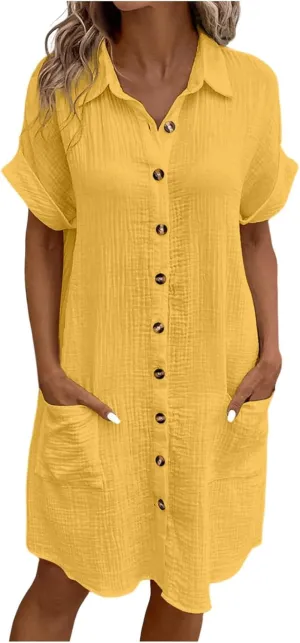 Womens Cotton Linen Shirt Dresses 2025 Summer Short Sleeve Button Down Midi Dress Knee Length Beach Dress with Pockets