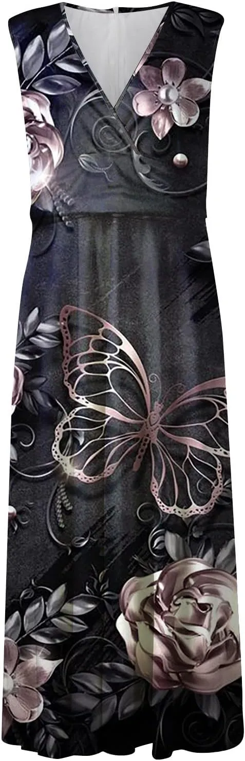 Womens Dresses Flowy Ruched Sleeveless Boho Dress Wrap V Neck Floral Print Beach Dresses Elegant Sundresses