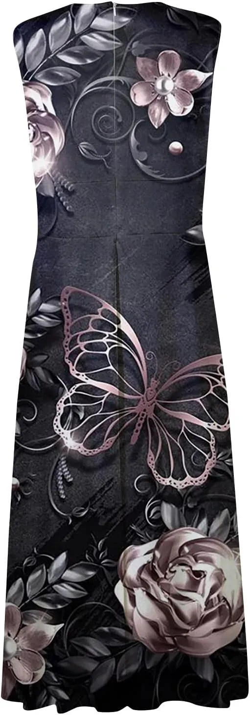 Womens Dresses Flowy Ruched Sleeveless Boho Dress Wrap V Neck Floral Print Beach Dresses Elegant Sundresses