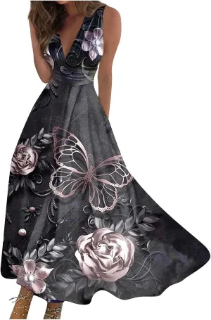 Womens Dresses Flowy Ruched Sleeveless Boho Dress Wrap V Neck Floral Print Beach Dresses Elegant Sundresses