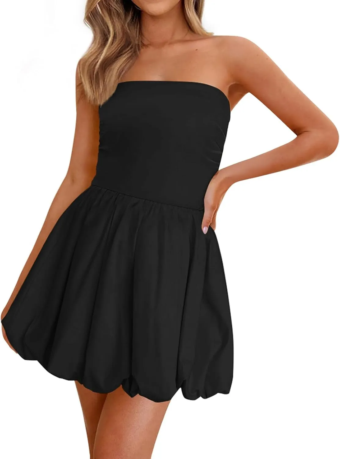 Women's Sleeveless Bubble Hem Mini Dress Summer Strapless Tube Top Tight Sundress Smocked A Line Layer Short Dresses