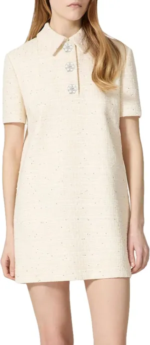 Women's Tweed Mini Shift Dress Polo Collared Party Formal Short Dress Rhinestone Button Up Work Tunic Dress