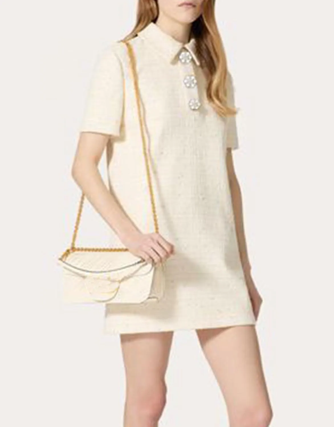 Women's Tweed Mini Shift Dress Polo Collared Party Formal Short Dress Rhinestone Button Up Work Tunic Dress