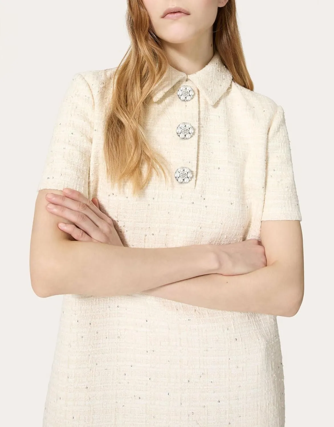 Women's Tweed Mini Shift Dress Polo Collared Party Formal Short Dress Rhinestone Button Up Work Tunic Dress