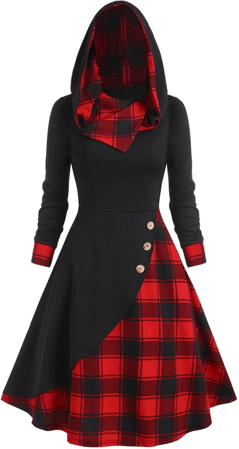 Womens Vintage Gothic Steampunk Dress Casual Plaid Patchwork Button Hooded Dress Retro Rockabilly Punk Hippie Dresses