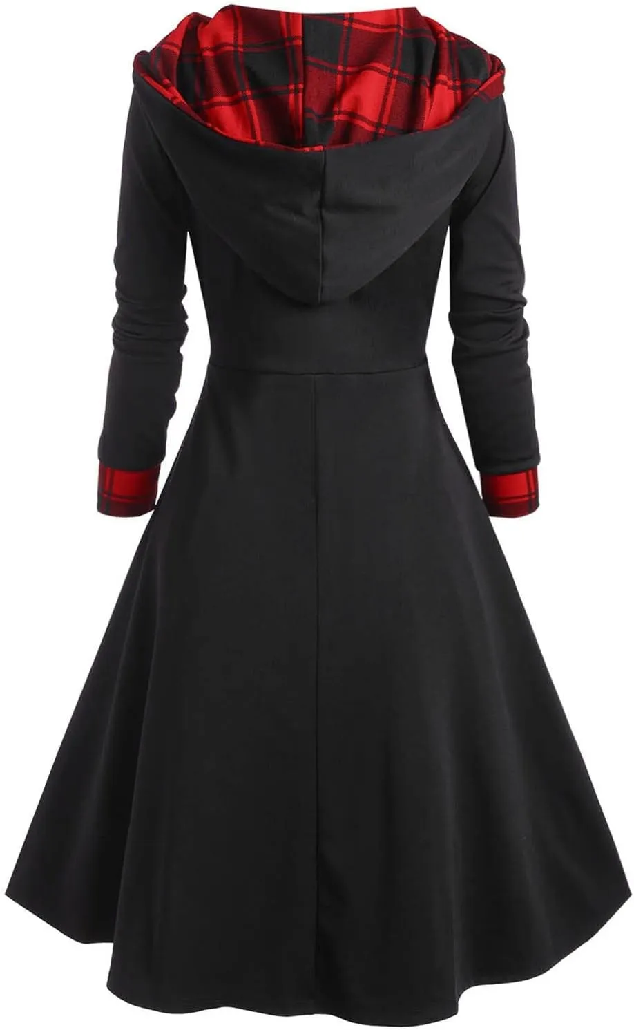 Womens Vintage Gothic Steampunk Dress Casual Plaid Patchwork Button Hooded Dress Retro Rockabilly Punk Hippie Dresses