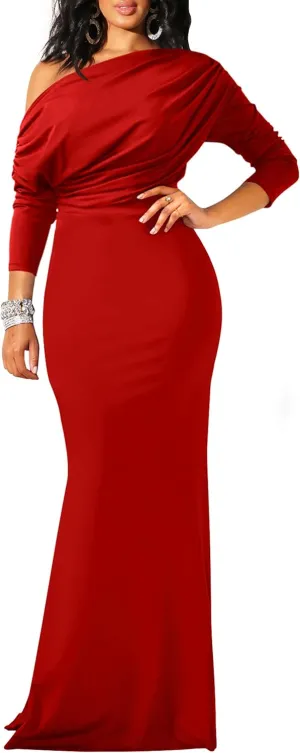 YMDUCH Women's Sexy Elegant Long Sleeve Off Shoulder Bodycon Long Evening Formal Dress