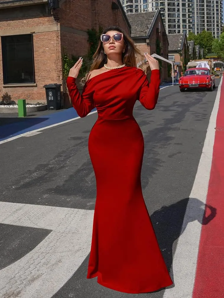 YMDUCH Women's Sexy Elegant Long Sleeve Off Shoulder Bodycon Long Evening Formal Dress