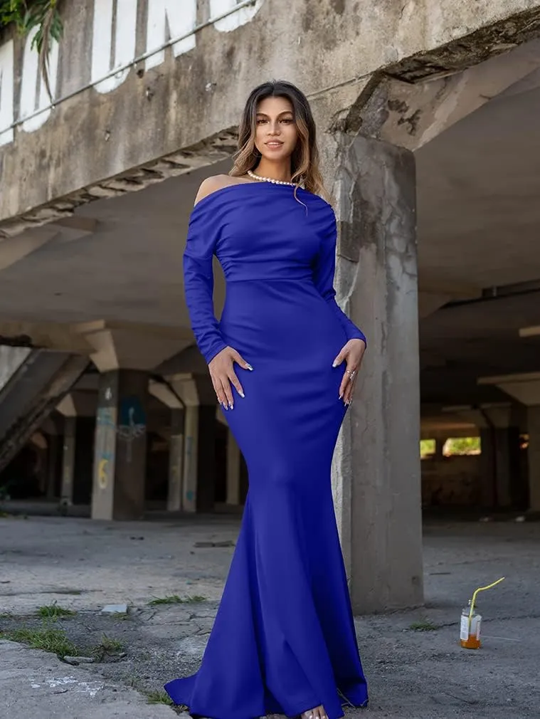 YMDUCH Women's Sexy Elegant Long Sleeve Off Shoulder Bodycon Long Evening Formal Dress