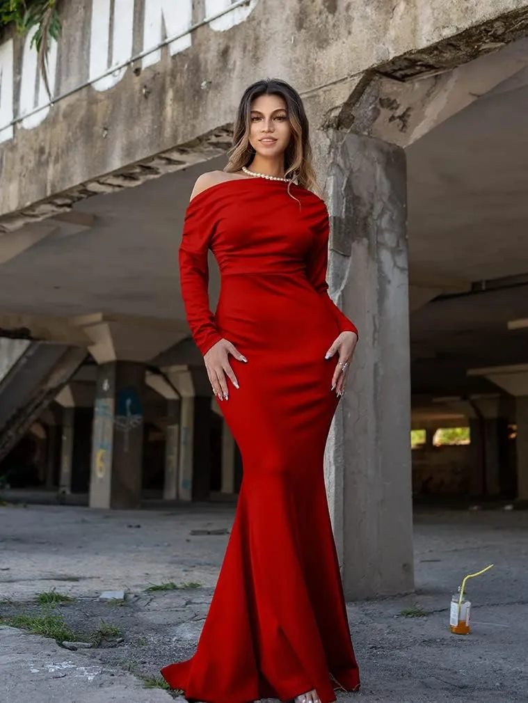 YMDUCH Women's Sexy Elegant Long Sleeve Off Shoulder Bodycon Long Evening Formal Dress