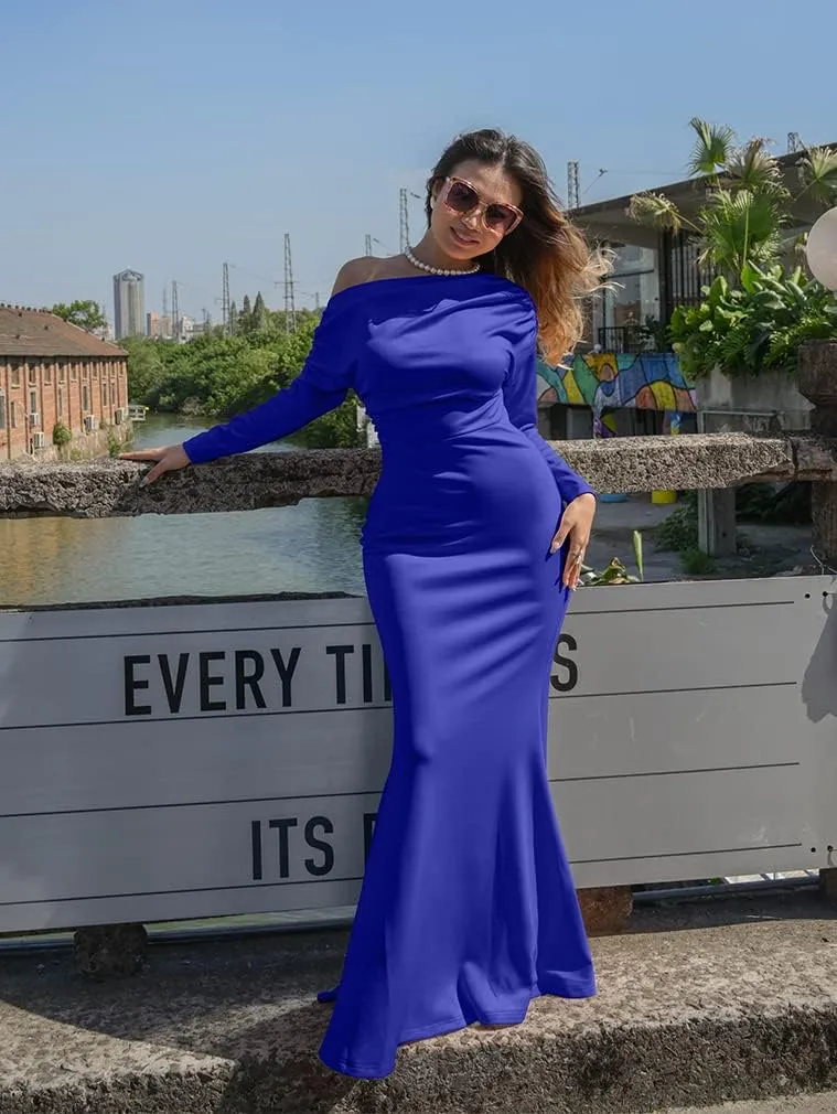 YMDUCH Women's Sexy Elegant Long Sleeve Off Shoulder Bodycon Long Evening Formal Dress